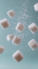 Aufkleber - Falling sugar cubes and granulated particles on light blue background represent unhealthy sugar consumption
