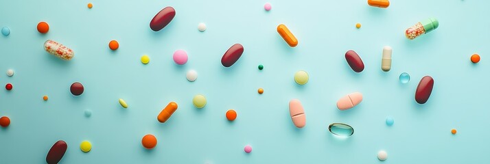 Poster - Scattered assorted pharmaceutical pills, tablets, and capsules on a light blue background create a vibrant display, symbolizing the range of modern healthcare medications