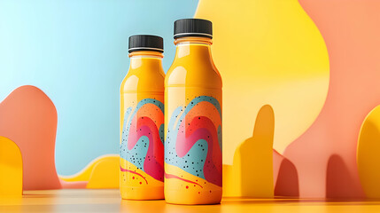 Poster - Two plastic bottles with vibrant abstract designs stand on a colorful background.  The bottles are filled with a yellow liquid, possibly juice.