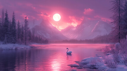  Swan swim peacefully in the lake, in a purple sunset