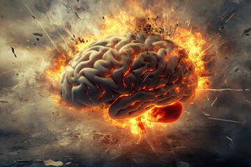 Aufkleber - brain is on fire and surrounded by debris. Concept of destruction and chaos