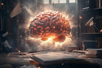 Aufkleber - brain is on fire and surrounded by debris. Concept of destruction and chaos