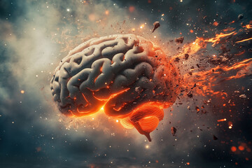 Poster - brain is exploding in a fiery explosion. The brain is surrounded by a cloud of smoke and debris. The explosion is so powerful that it has caused the brain to burst open, revealing its inner workings