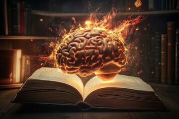 Poster - brain is exploding out of an open book. The brain is surrounded by fire and smoke, and the book is open to a page with a large brain on it. The scene is chaotic and intense