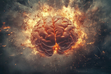 Poster - brain is exploding in a fiery explosion. The brain is surrounded by a cloud of smoke and debris. The explosion is so powerful that it has caused the brain to burst open, revealing its inner workings