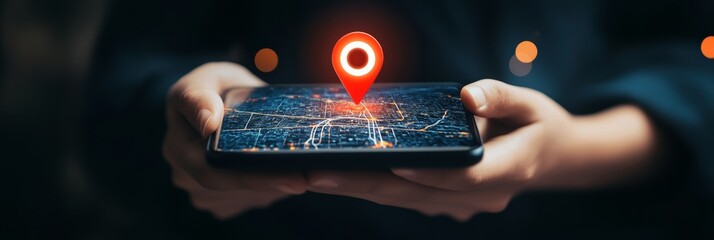 Poster - Hands holding smartphone displaying a city map at night with a red location pin hovering above, symbolizing gps navigation and location services