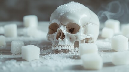 Poster - Granulated sugar is covering a skull laying on a wooden table surrounded by sugar cubes, creating a powerful image symbolizing the health risks associated with excessive sugar intake