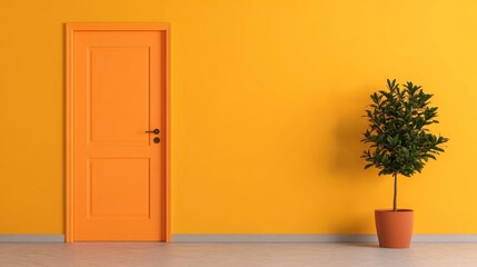 Wall Mural - Orange door, plant, yellow wall, interior design.