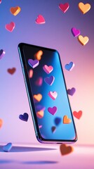 Poster - Colorful hearts floating around and into a smartphone screen, symbolizing online affection, social media engagement, and virtual love in modern communication