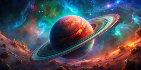 Wall Mural - Vibrant Red Planet with Textured Rings in a Cosmic Nebula - Double Exposure Stock Photo