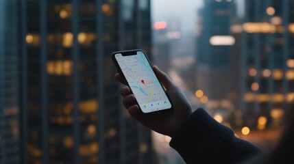 Poster - Tourist is holding smartphone displaying navigation map app with marked location pin against blurred cityscape background at dusk, exploring new destinations with mobile technology
