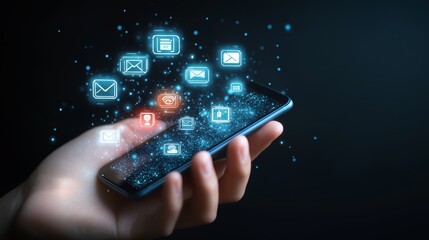 Aufkleber - Businessman using smartphone with glowing social media icons and apps emerging from screen on dark background, concept of social media marketing and mobile app development