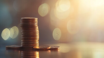 Poster - Golden coins stacked high on a reflective surface, symbolizing investment, savings, and financial growth, with a warm, glowing background suggesting prosperity and success