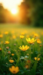 Poster - Golden hour light bathes lush meadow, soft focus background , wildflowers, blurry