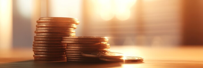Poster - Golden coins are stacked on a wooden table, bathed in warm sunlight, symbolizing financial growth, investment, and the accumulation of wealth