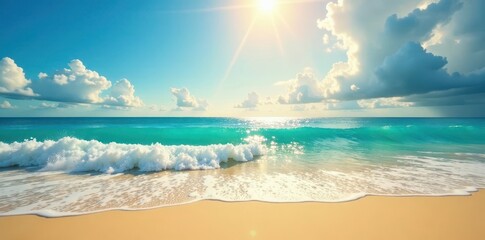 Wall Mural - Golden sand, turquoise ocean waves, bright sun, summer, beach