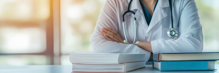 Aufkleber - Female doctor wearing lab coat and stethoscope sitting with arms crossed at desk with stack of medical textbooks, representing medical education, healthcare, and professional expertise