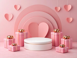 Wall Mural - Happy Valentine Day background with cylindrical podium for promotion. Round stage for presentation sale product. Stage pedestal or platform between pink hearts, pink gift boxes