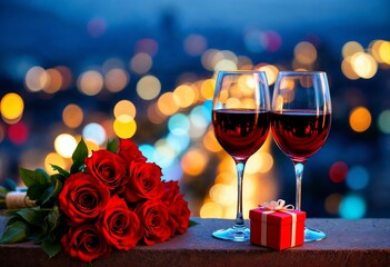 A tranquil romantic evening scene featuring two glasses of red wine, vibrant red roses, and a gift box, set against a blurred illuminated city skyline, conveying love and celebration