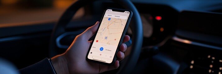 Poster - Businessman is holding a smartphone displaying a navigation app with a map and route, providing real time directions and location information while driving a car at night