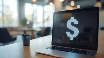 Poster - Open laptop displaying large bright digital dollar symbol suggesting online banking, financial transactions, investment opportunities, and economic growth in modern office environment