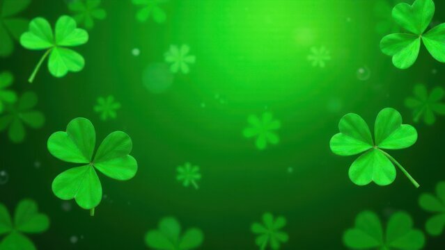 Shamrocks floating in sunbeams for st. Patrick's day celebration. Four leaf clover banner with space for text.