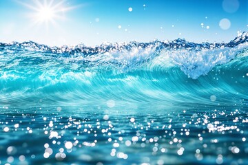 Poster - A vibrant ocean wave under bright sunlight with sparkling water droplets in motion.