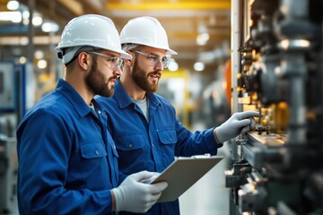 Aufkleber - Two engineers in blue uniforms examining machinery in an industrial setting under bright lighting.