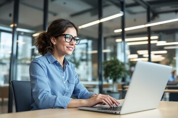 Aufkleber - A smiling woman working on a laptop in a modern office space with glass walls and greenery in the background.