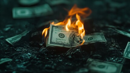 Poster - Burning us dollars symbolize financial struggles, risks, and losses. Managing budgets and debts in a volatile market is challenging. Financial stability is crucial in economic turmoil