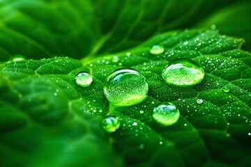 Poster - Close-up of fresh green leaf with water droplets and sparkling details in natural light.