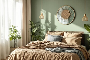 Wall Mural - Cozy bedroom with green walls, potted plants, and beige bedding in natural sunlight.