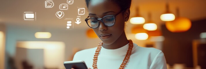 Aufkleber - Young african american businesswoman is using a mobile phone with social media icons floating above it in a modern office space