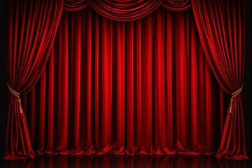Poster - Luxurious red theater curtains with elegant folds and tassels on a dark background.
