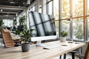 Fototapete - Modern office workspace with computer and plants on wooden desk.