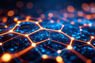 Aufkleber - Abstract hexagonal digital network with glowing connections on dark background.