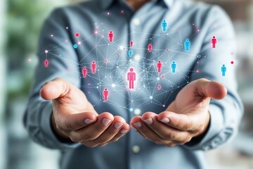 Poster - Network of people represented as icons in hands, symbolizing connections and collaboration, with a blurred background.