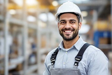 Aufkleber - Smiling construction worker in safety helmet in industrial setting, bright light.