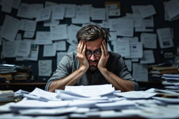 Aufkleber - Stressed man overwhelmed by paperwork with documents scattered on desk in dimly lit office.