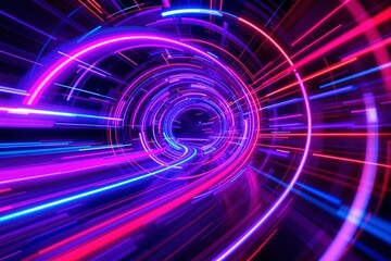 Poster - Neon light trails forming a spiral tunnel in vibrant pink, blue, and purple shades.