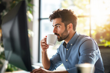 Aufkleber - Man drinking coffee while working on a computer in a bright office environment.