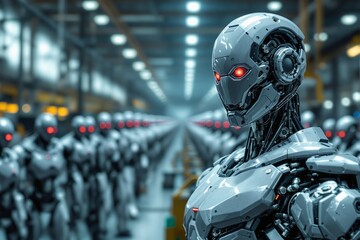 Aufkleber - Futuristic robots with glowing red eyes in a factory setting.