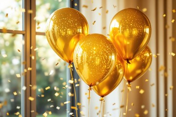 Poster - Golden balloons with sparkling stars and confetti near a window, bright background.