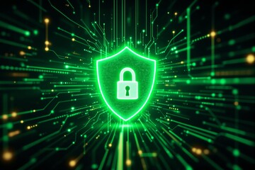 Poster - Glowing green padlock shield on a digital network background, representing cybersecurity and data protection concept.