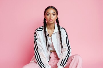 Wall Mural - Woman with braided hair wearing sporty attire sitting against pink background.