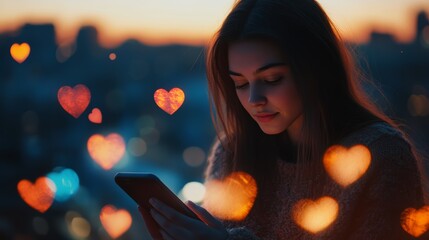 Poster - Young woman is using her smartphone with heart emojis floating around her. Creating a warm and romantic atmosphere at sunset. Symbolizing online affection and digital communication in social media