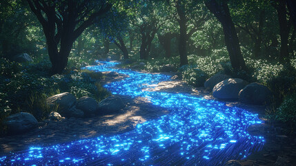 Wall Mural - Glowing blue stream flows through sunlit forest path, background trees, fantasy setting