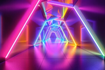 Poster - Futuristic neon-lit tunnel with vibrant geometric patterns on a reflective floor.