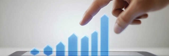 Poster - Finger pointing at a growing graph displayed on a digital tablet, symbolizing increased profits, successful investments, and positive financial trends in the business world