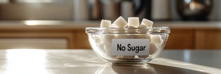 Aufkleber - Promoting a sugar free lifestyle, a glass bowl filled with sugar cubes ironically bears a no sugar label, highlighting the concept of sugar reduction and the dangers of excessive sugar consumption